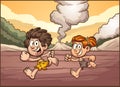 Cartoon cave boy and girl running on a prehistoric landscape Royalty Free Stock Photo