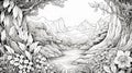 Cave Coloring Page With Rivers, Meadows, Flowers, And Mountains