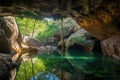 cave with crystal-clear water and reflections of the cave walls