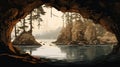 Majestic Cave Sketch: Realistic Landscape With Pine Trees And Water