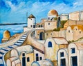 Oil painting Santorini, Cyclades, Greek Island. View of the village of Oia on the Greek vacation island of Santorini. Royalty Free Stock Photo