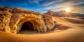 A cave entrance in the desert collapsing with sand flowing into it Generative AI