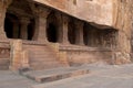 Cave 3: Entrance. Pillared verandah or facade. Badami Caves, Karnataka. It is 70 feet, 21 m, in length with an interior width of 6 Royalty Free Stock Photo