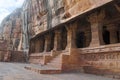 Cave 3: Entrance. Pillared verandah or facade. Badami Caves, Karnataka. It is 70 feet, 21 m, in length with an interior width of 6 Royalty Free Stock Photo