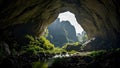 A cave exit surrounded by moss-covered rocks Royalty Free Stock Photo