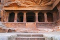 Cave 1 : Facade. Badami Caves, Karnataka. Depicting carvings of dwarfish ganas, with bovine and equine heads, in different posture