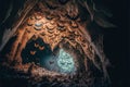 a cave filled with lots of bats flying around it\'s walls and ceiling, with a light shining through t