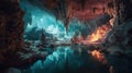 a cave filled with lots of ice and water next to a lake filled with ice and snow covered rocks and ice covered rocks and water