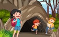 Cave in the forest scene with explorer kids Royalty Free Stock Photo