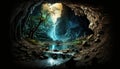 Cave and illuminated beautiful waterfall Generative AI