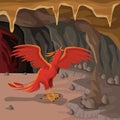Cave interior background with phoenix greek mythological creature