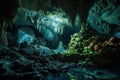 cave with intricate pattern of glowing blue and green algae Royalty Free Stock Photo