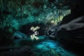 cave with intricate pattern of glowing blue and green algae Royalty Free Stock Photo