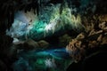cave with intricate pattern of glowing blue and green algae Royalty Free Stock Photo