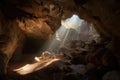 cave, with intricate rock formations and natural light filters through the entrance