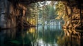 Cave Of A Lake Among Pine Trees