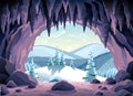 Cave landscape. Winter nature scene of cave entrance. Prehistoric dungeon, rock cavern game illustration. Vector Royalty Free Stock Photo