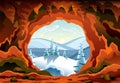 Cave landscape. Winter nature scene of cave entrance. Prehistoric dungeon, rock cavern game illustration. Vector Royalty Free Stock Photo