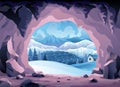 Cave landscape. Winter nature scene of cave entrance. Prehistoric dungeon, rock cavern game illustration. Vector Royalty Free Stock Photo