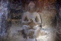 Cave 9, Left shrine bhadrasana Buddha closeup. Aurangabad Caves, Aurangabad