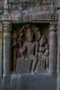 Cave 19 : Left wing of faÃÂ§ade showing Nagaraja snake king and his consort nagini. Ajanta Caves, Aurangabad, Maharashtr