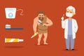 Cave man dental health doctor prevention, vector illustration. Dentist advice on teeth treatment, dental floss, proper