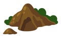 Cave in the mountain flat vector illustration. High stone mountain green bushes grow around