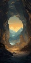 Stunning Cave Illustration With Mountain Landscapes In Light Cyan And Amber