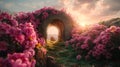 Cave opening surrounded by blooms with the sun rising in the background. Floral archway leading to a sunlit horizon