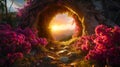 Cave opening surrounded by blooms with the sun rising in the background. Floral archway leading to a sunlit horizon