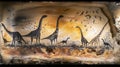 A cave painting depicting a herd of large fourlegged creatures with long tails possibly representing early humans