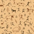 Cave painting pattern. Seamless print of primitive ancient drawing of hunting men, prehistoric animals and patterns