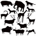 Cave painting, stylized animals silhouettes, rock art. Vector set on white background