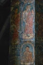 Cave 10: Paintings on Pillars. Buddha images in teaching attitude and lotus medallions Ajanta Caves, Aurangabad, Maharashtra