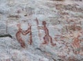 Cave paintings in San Ignacio Cajamarca Peru with hunters and warriors dating from 5000 to 10000 BC years ago with his divinity in