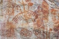 Cave paintings in San Ignacio Cajamarca Peru with hunters and warriors dating from 5000 to 10000 BC years ago with his divinity in