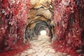 a cave path illuminated by a carpet of garnet stones