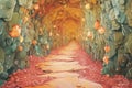 a cave path illuminated by a carpet of garnet stones