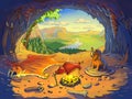 Cave of a primitive man with a small mammoth, a fire, a saber-toothed tiger skin, bones on the background with mountain landscape.