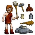 Cave primitive man and weapons. Set of items for hunting.