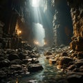 The cave with the reflection of bright fantasy light inside shows the beauty of the stalagmites on the cave walls