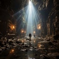 The cave with the reflection of bright fantasy light inside shows the beauty of the stalagmites on the cave walls