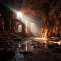 The cave with the reflection of bright fantasy light inside shows the beauty of the stalagmites on the cave walls