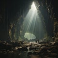 The cave with the reflection of bright fantasy light inside shows the beauty of the stalagmites on the cave walls