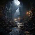 The cave with the reflection of bright fantasy light inside shows the beauty of the stalagmites on the cave walls