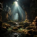 The cave with the reflection of bright fantasy light inside shows the beauty of the stalagmites on the cave walls