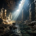 The cave with the reflection of bright fantasy light inside shows the beauty of the stalagmites on the cave walls