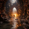 The cave with the reflection of bright fantasy light inside shows the beauty of the stalagmites on the cave walls