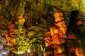 Cave rock formations are stalactites and stalagmites in colorful light. The miracle of the formation of stalagmites in the dark Royalty Free Stock Photo