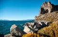 Cave rock and yellow sagebush of Lake Tahoe in Summer, Navada, U Royalty Free Stock Photo